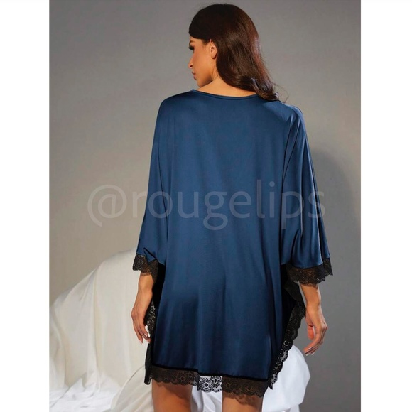 Blue Lace Trim Stretchy Nightgown Poncho Style Shirt  Loose Fitting  V-Neck - Picture 2 of 7